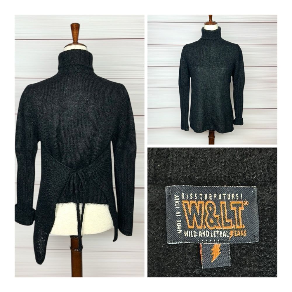 Vtg Wild and Lethal Trash Kiss the Future Black Sweater Turtle Neck Mohair M